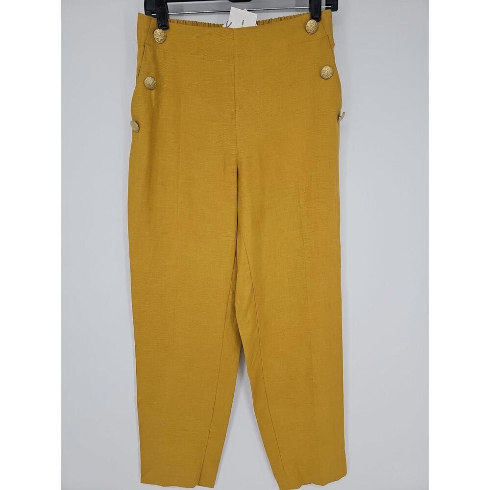 Zara Women's Linen Pants Medium Yellow Sailor Style Gold Buttons‎